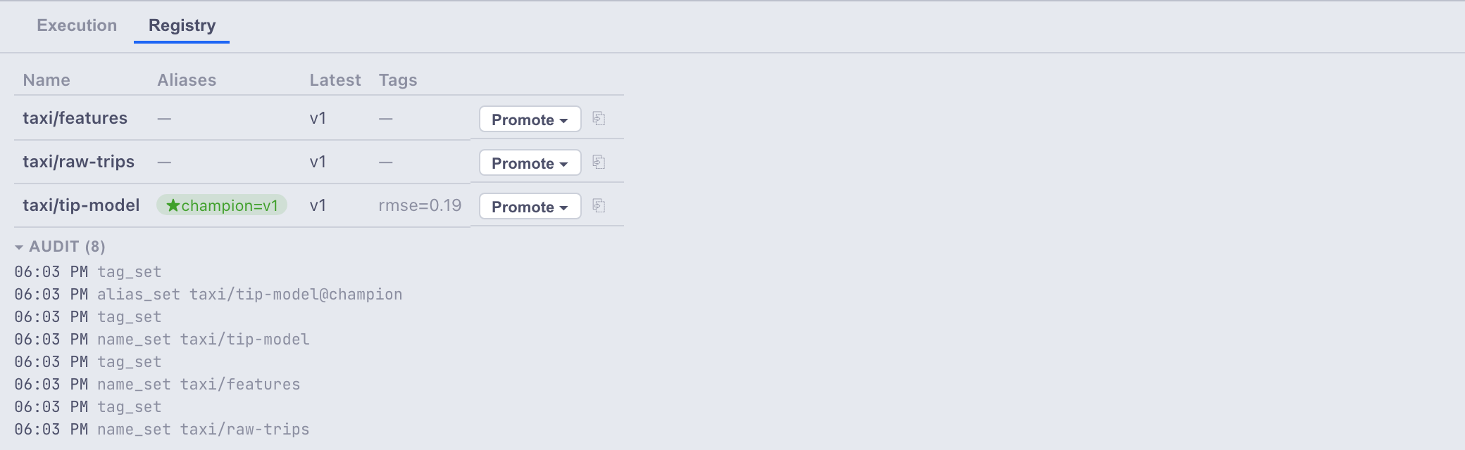 The Registry tab in the bottom drawer: a names table with the champion alias
chip, an rmse tag and a Promote menu, above an expanded audit timeline of every
name, alias and tag change.
